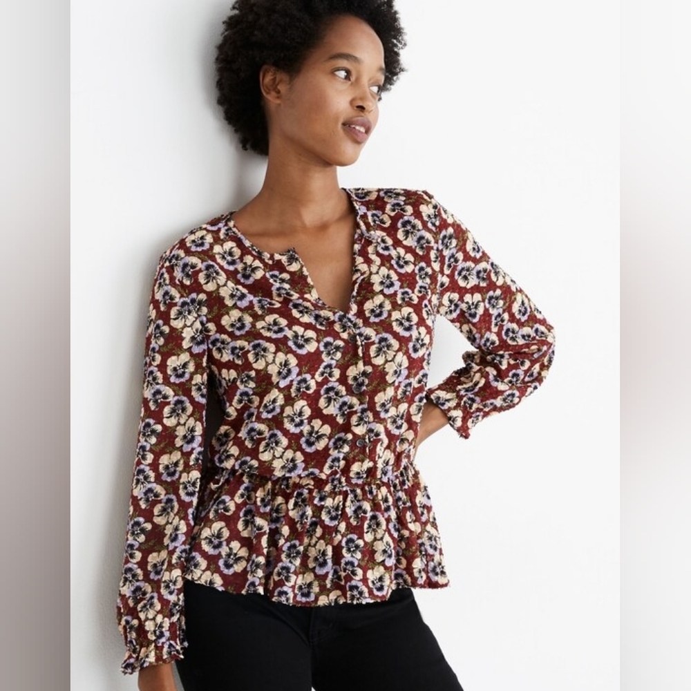 NWT Madewell Drawstring Ruffle Peplum Long Sleeve Burgundy Floral Pansy Blouse M